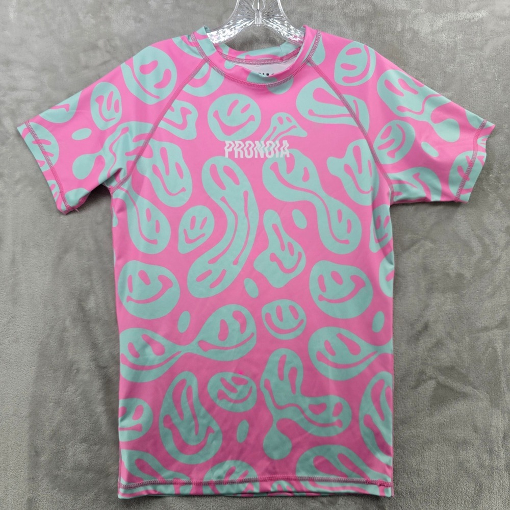 Pronoia Mens Medium Rash Guard Pink Blue Psychedelic Smiley Face MDMA BJJ